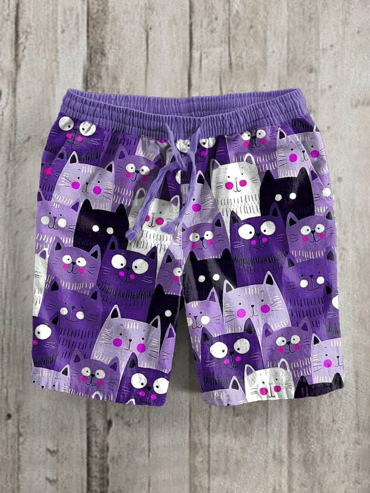 Funny Cats Print Linen Blend Casual Shorts elevenforest
