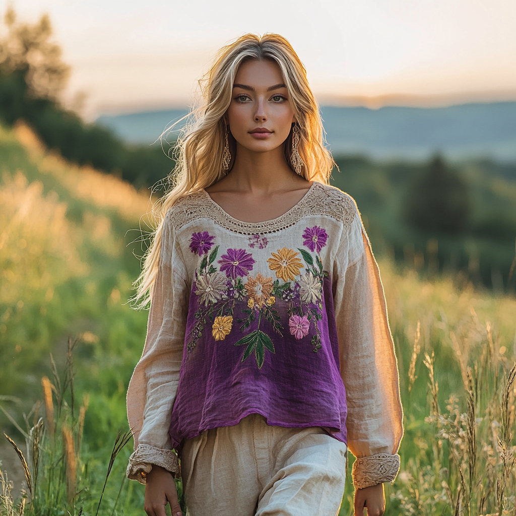 Women's Vintage Bohemian Floral Colorblock Cotton And Linen T-shirt artswardrobe