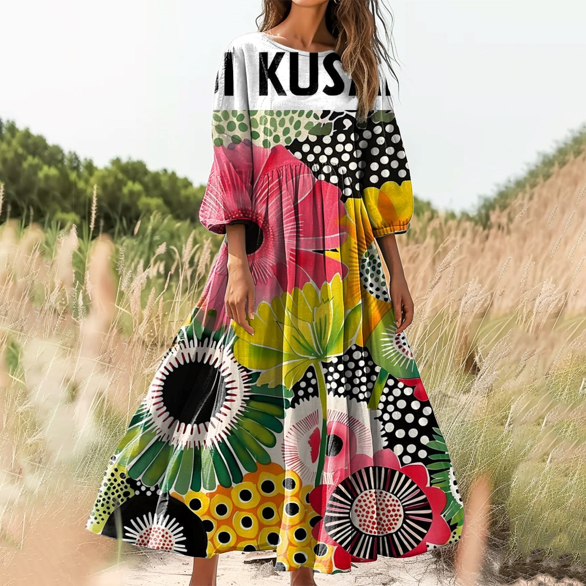 Women's Abstract Floral Pattern Art Print Cotton Crew Neck Dress