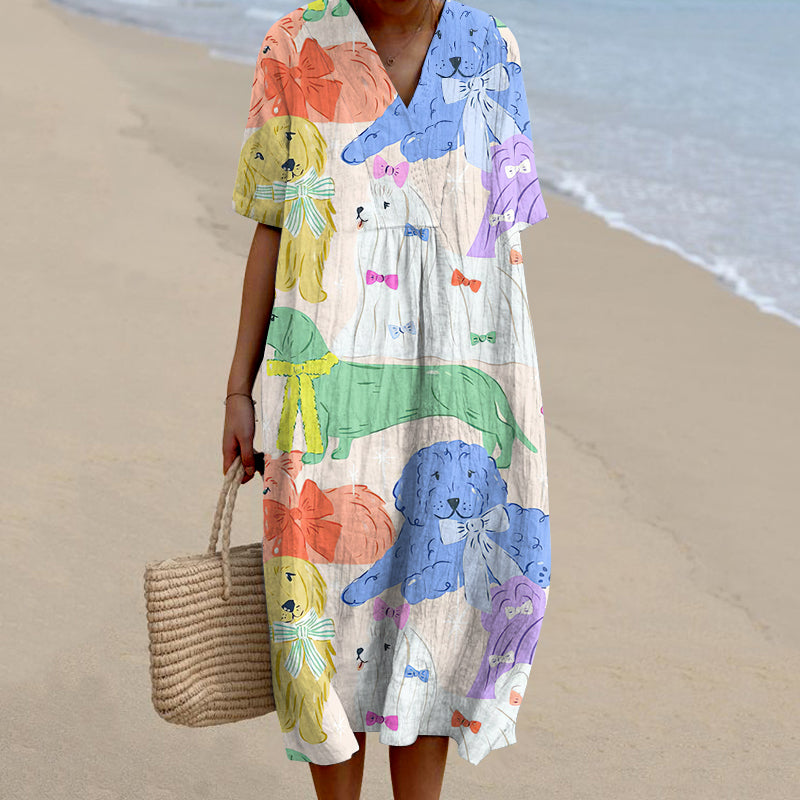 Comstylish Cute Flower Dog Print V-Neck Short Sleeved Casual Midi Dress