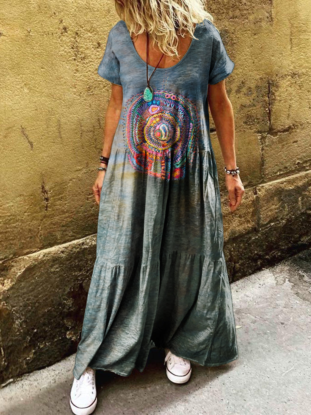 Women's Vintage Patchwork Art Print Pocket Short Sleeve Cotton Dress