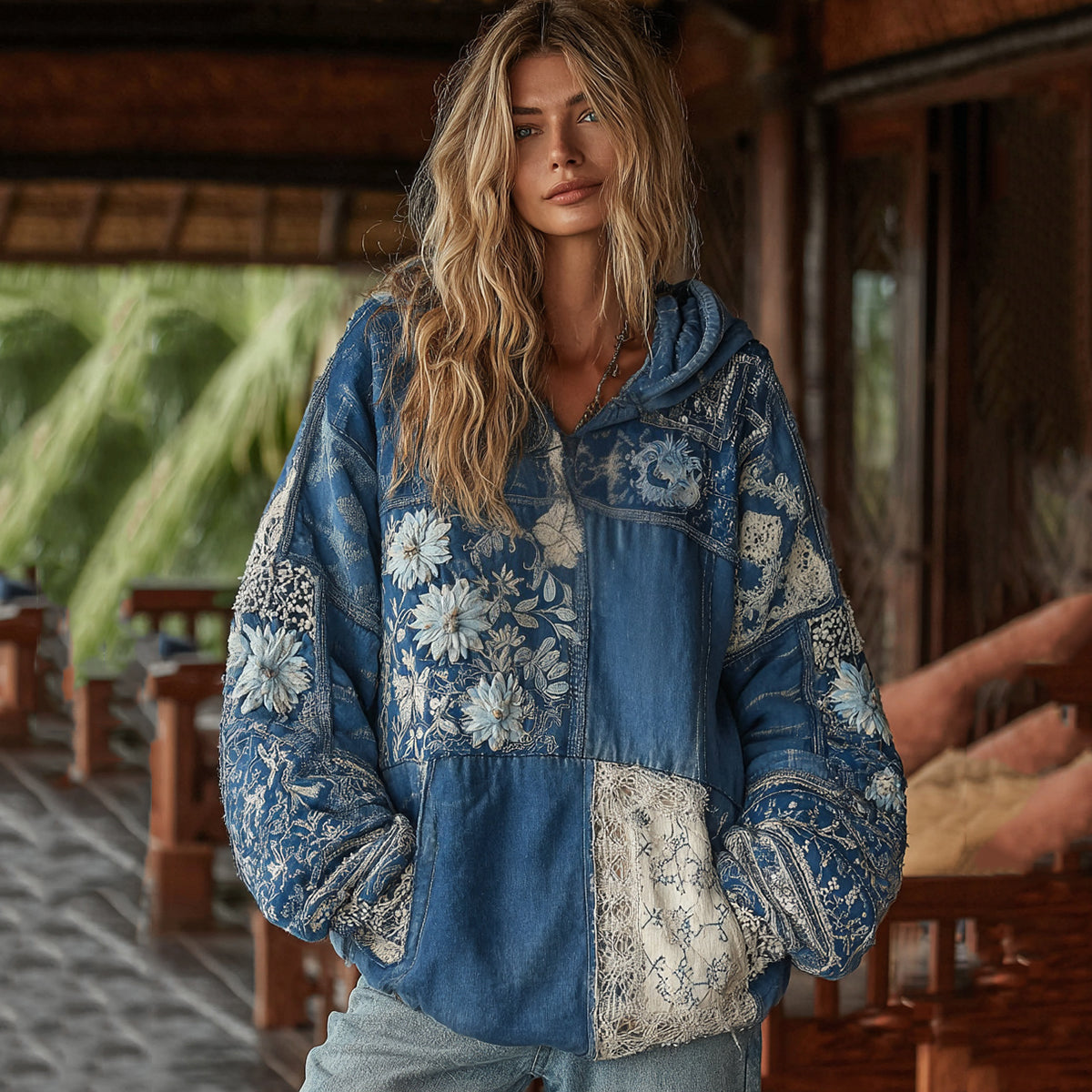 Vintage Bohemian Floral With Japanese Traditional Sashiko Patchwork Art Embroidery Inspired Washed Hoodie artswardrobe