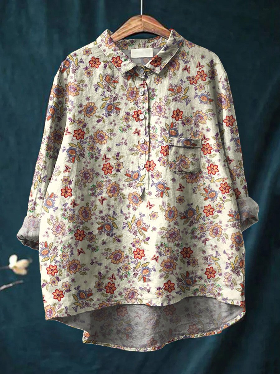 Women's Floral Art Print Casual Cotton And Linen Shirt