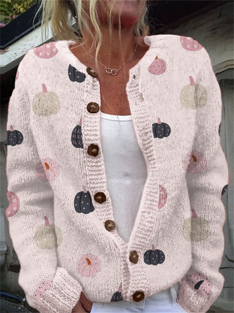Thanksgiving Pumpkins Pink Pattern Cozy Knit Cardigan artswardrobe