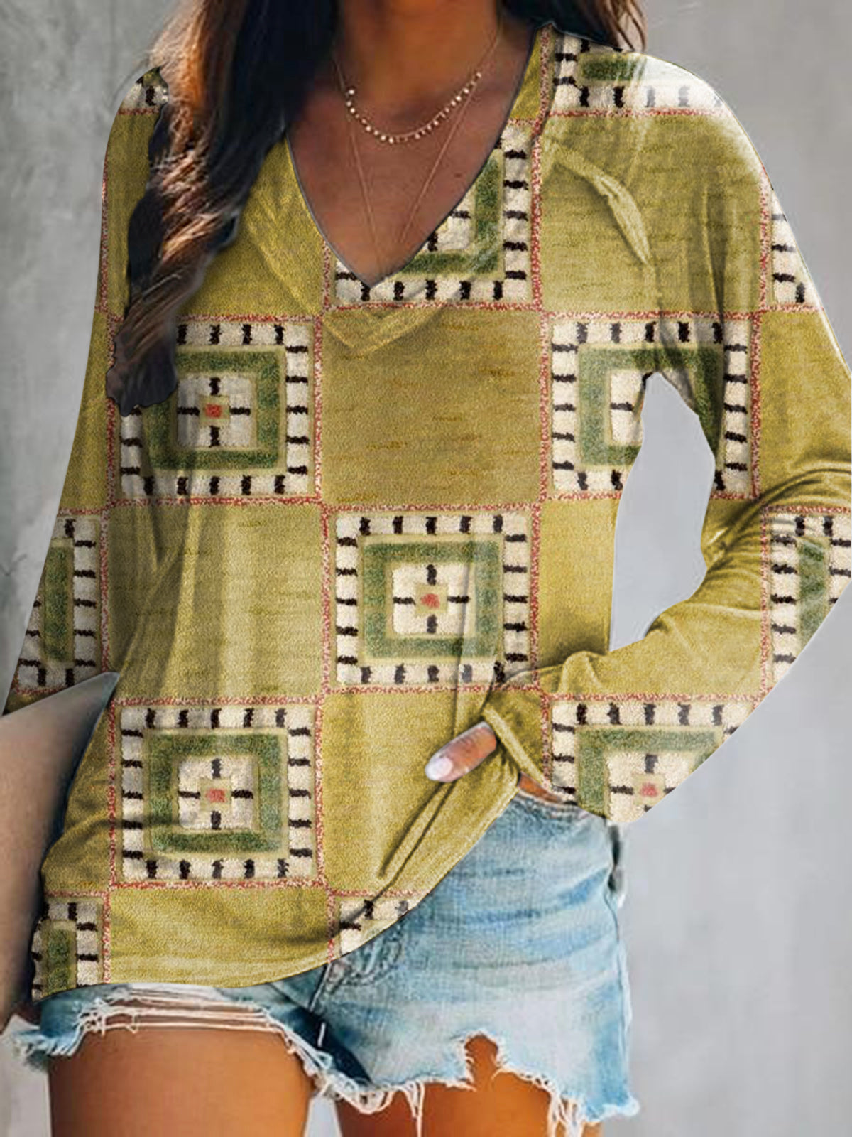 Women's Casual Vintage Bohemian Floral Art Print V Neck Long Sleeve To