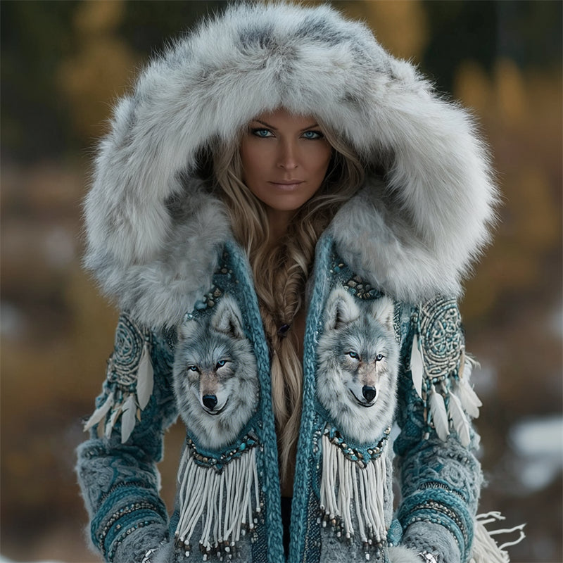 Western Wolf & Dreamcatcher Beaded Tassels Fur Hooded Cardigan elevenforest