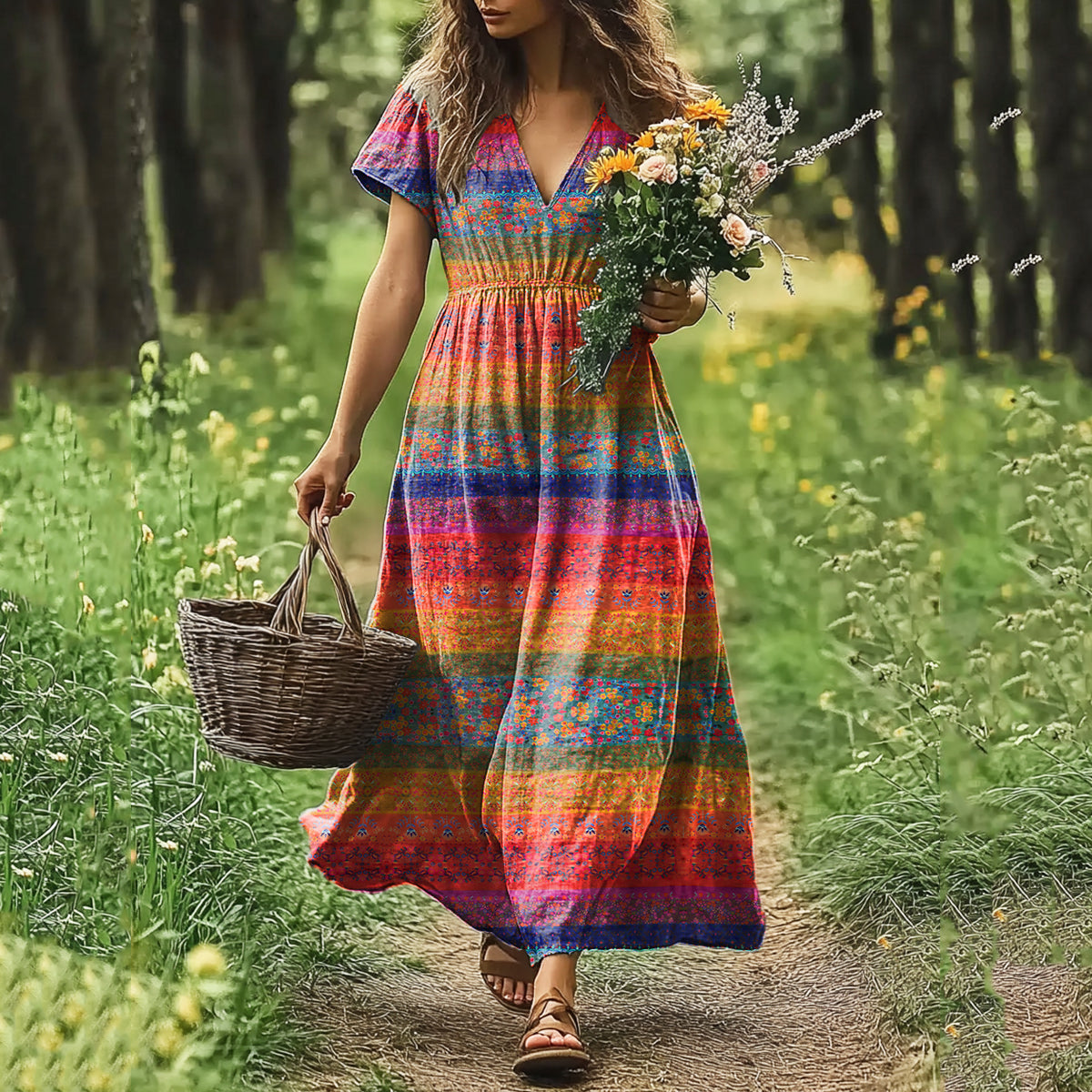 Womens Floral Art Linen Dress artswardrobe