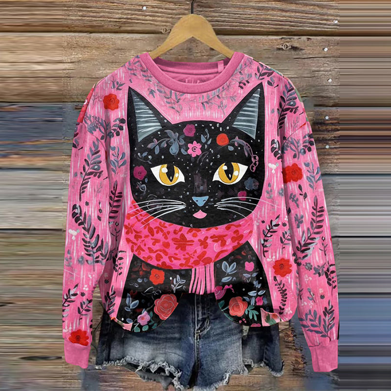 Abstract Creative Elegant Black Cat In Floral Print Crew Neck Casual Sweatshirt elevenforest