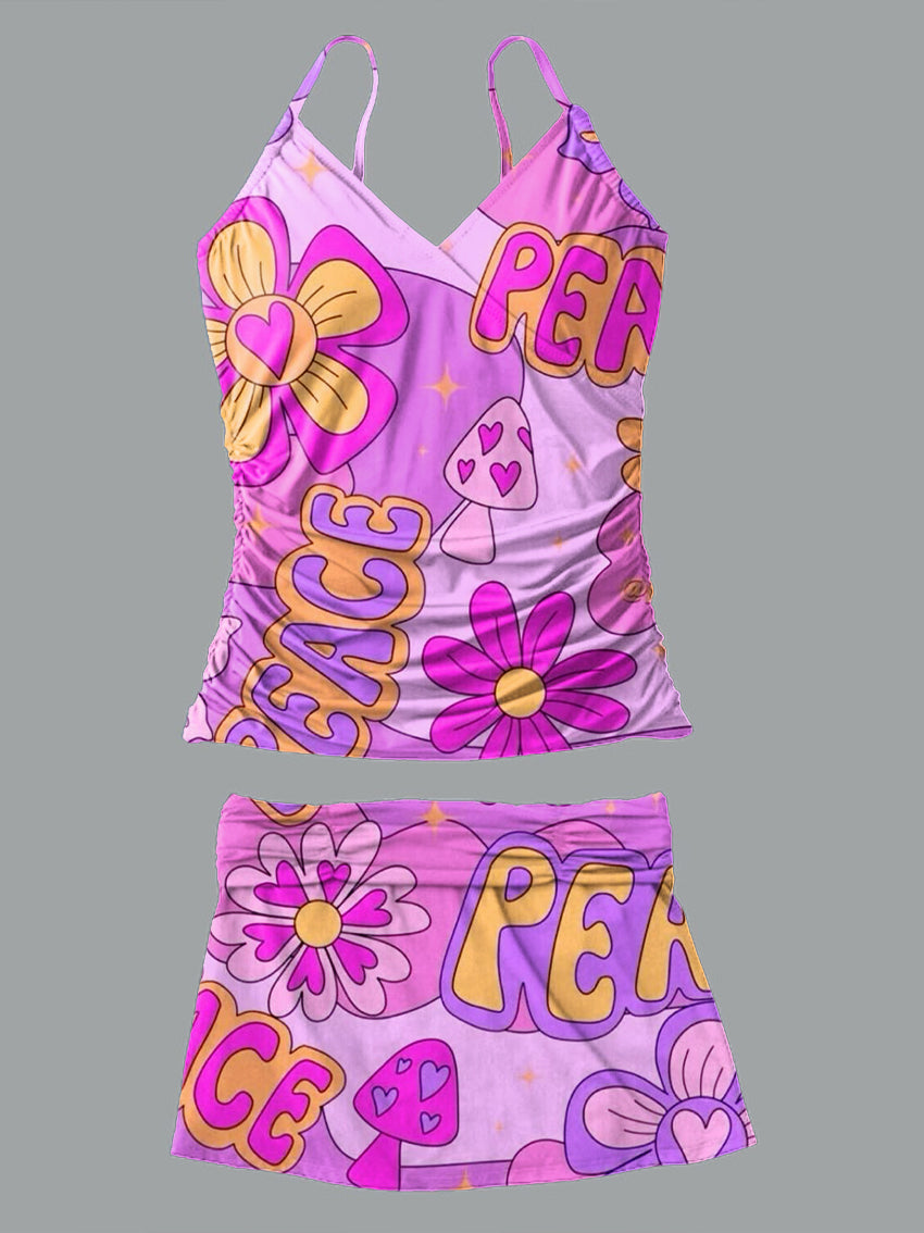 V-Neck Vintage Multicolor Hippie Peace Floral Art Print Suspender Skirt Tankini Pantskirt Set Swimsuit