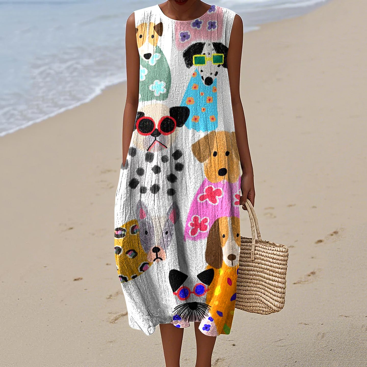 Comstylish Women's Cute Dogs Art Print Sleeveless Dress