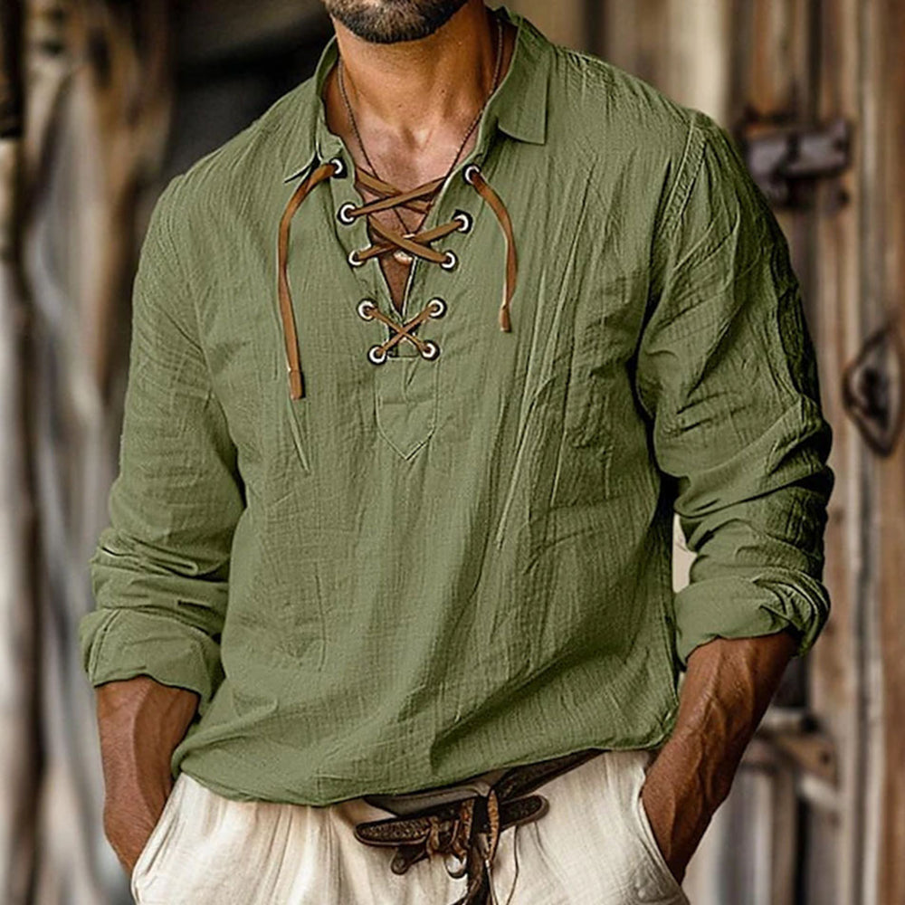 Men's Summer Beach Style Lapel Loose Pullover V-neck Drawstring Long-sleeved Shirt artswardrobe