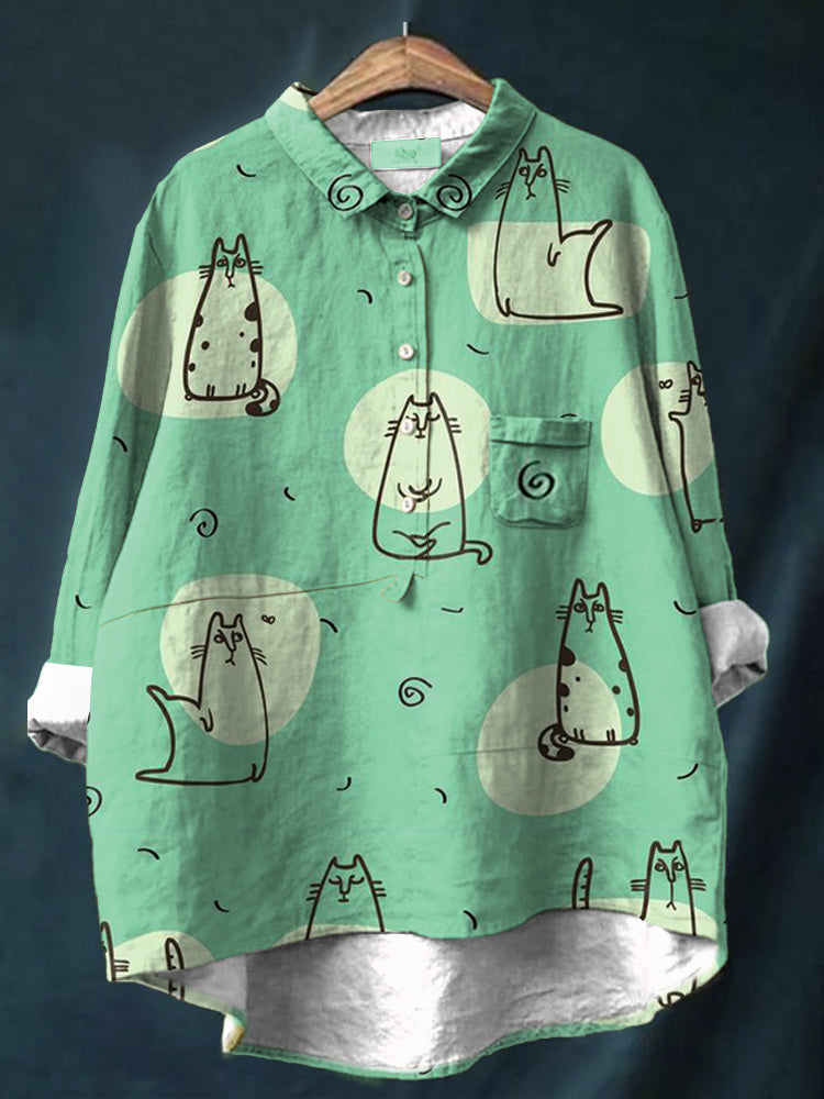 Funny Furry Cat Art Print Linen Blend Pocket Shirt elevenforest