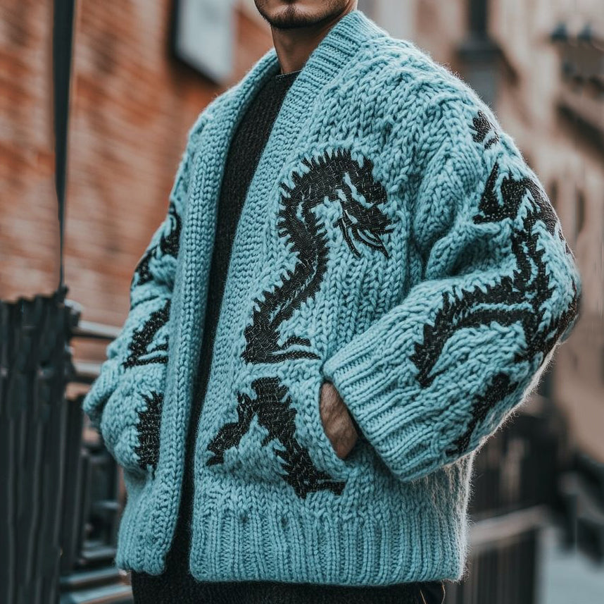 Men'S Dragon Pattern Design Thick Knitted Cardigan Sweater elevenforest