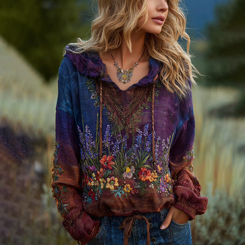Women's Classic Bohemian Floral And Rose Gradient Art Linen Hoodie artswardrobe