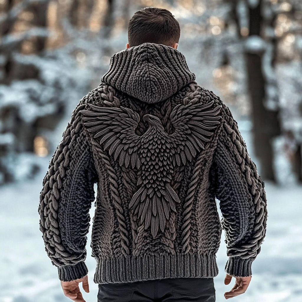 Men's Viking Tribal Eagle Celtic Chunky Knit Cozy Zip Up Cardigan Sweater artswardrobe