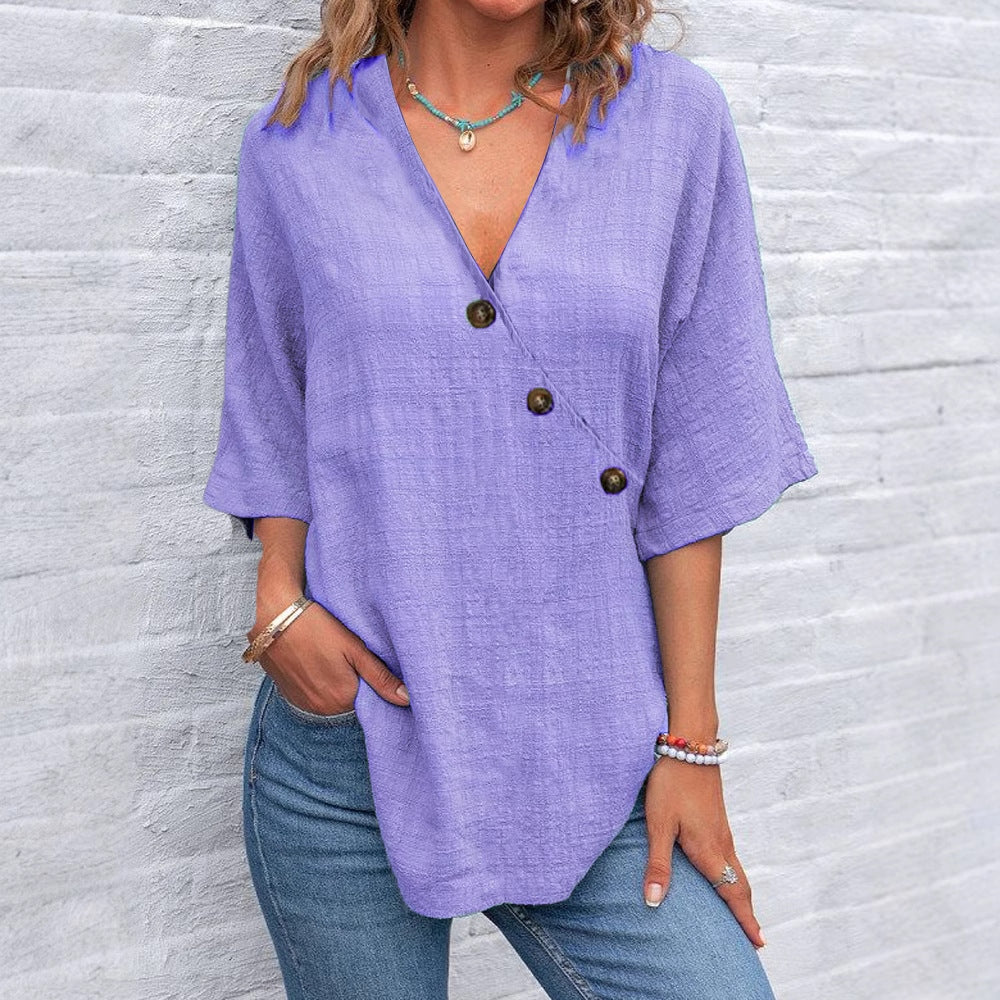 Women's Solid Color Button Linen V-neck T-shirt artswardrobe
