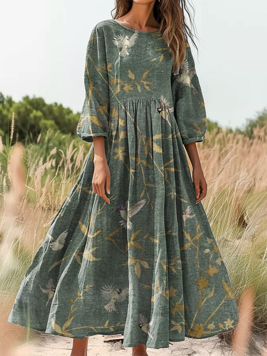 Women's Vintage Floral Art Print Flowy Crew Neck Cotton Pocket Dress