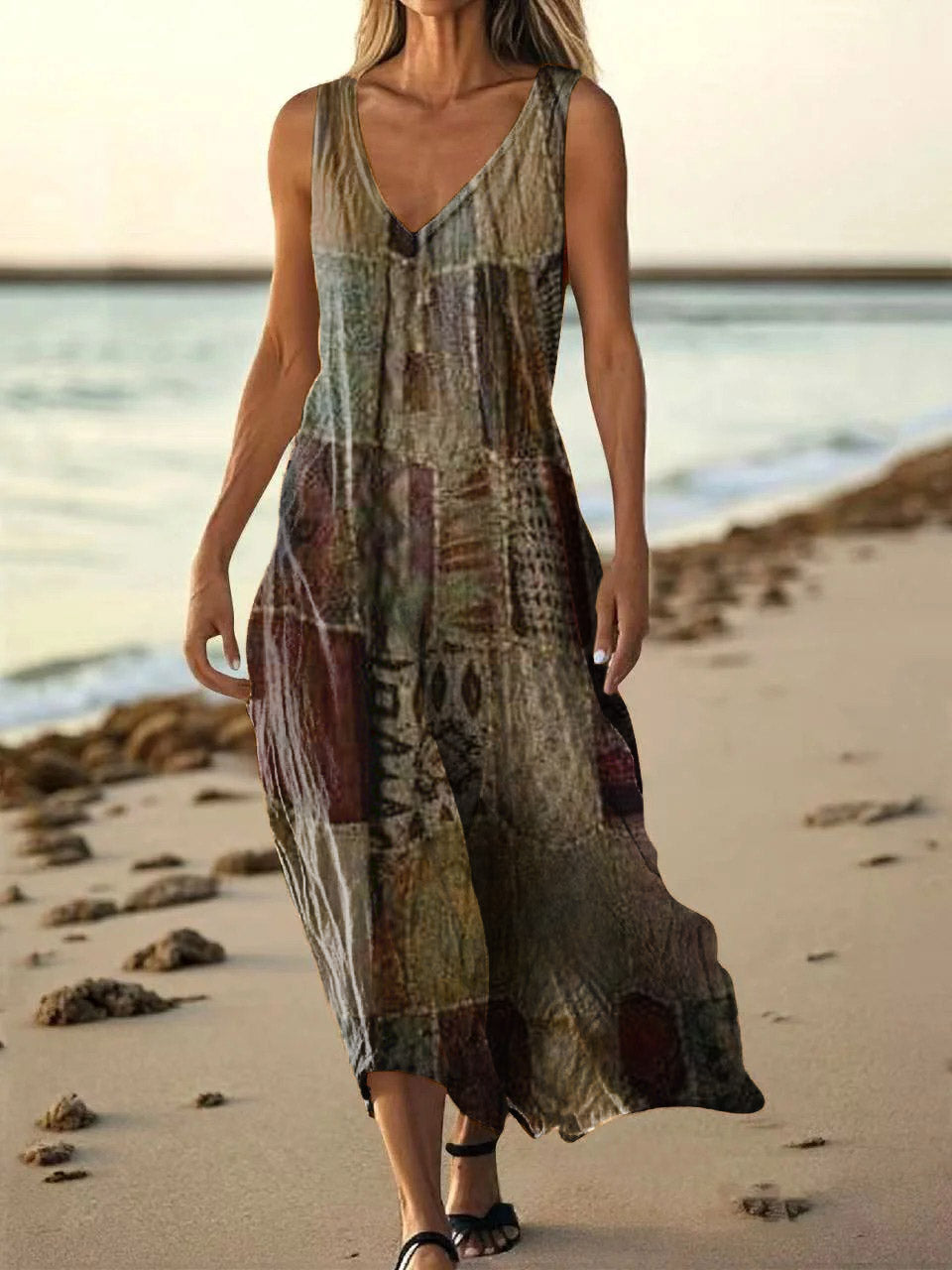 Women's Vintage Patchwork Pattern Art Print Pocket Cotton Dresses