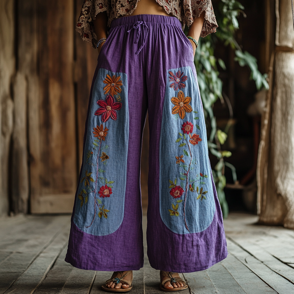 Bohemian Holiday Style Bohemian Floral Print Linen Long Loose Wide-leg Pants artswardrobe