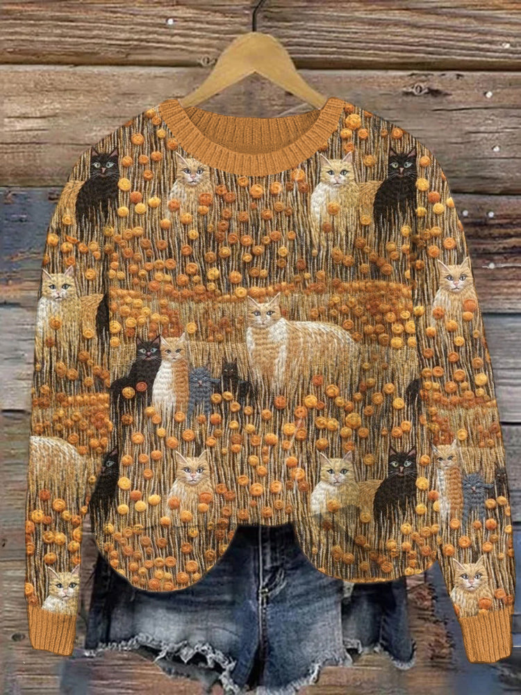 Fall Cats Embroidery Pattern Cozy Knit Sweater elevenforest