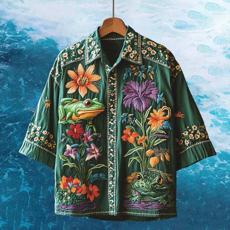 Men's Embroidered Frog Hawaiian Shirt artswardrobe