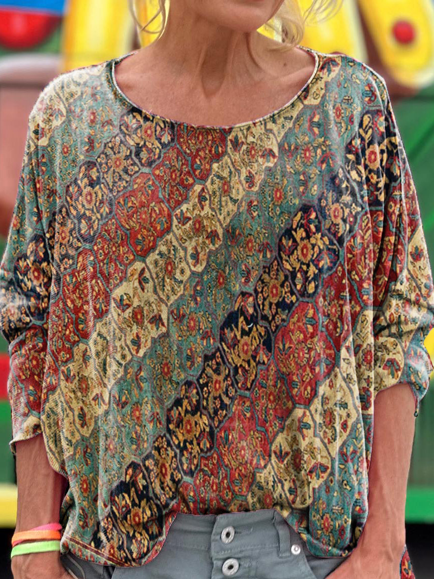 Women's Bohemian Ethnic Art Print Casual Long Sleeve T-shirt