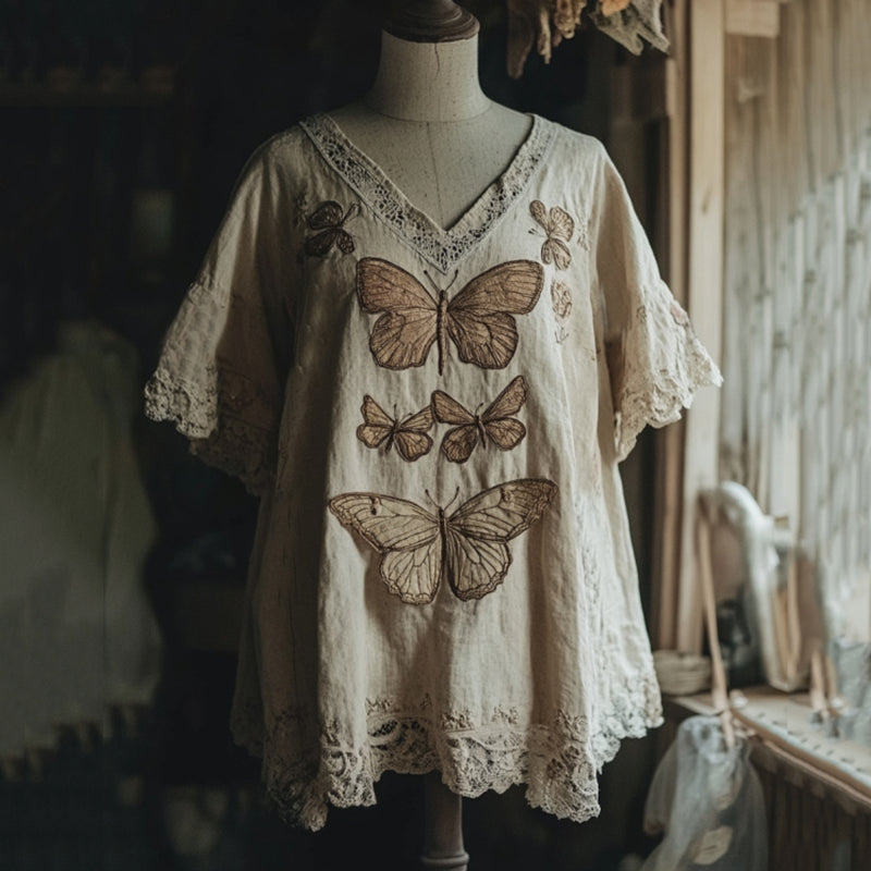 Vintage Butterfly And Dragonfly Embroidery Linen Art Lace Trim Women's Linen Shirt artswardrobe