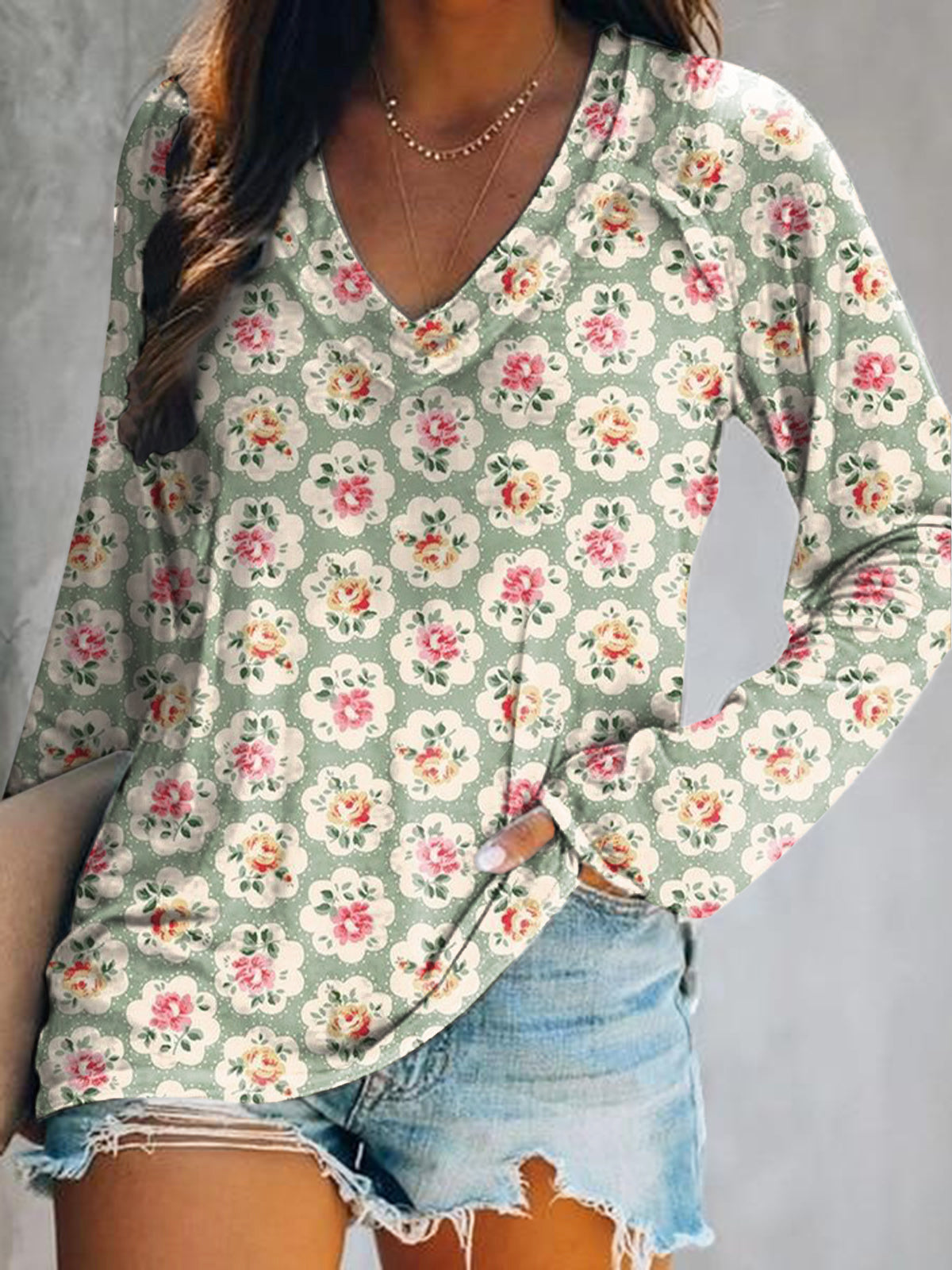 Women's Casual Vintage Floral Art Print V Neck Long Sleeve Tops