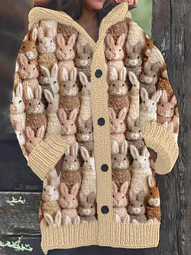 Cute Bunny Embroidery Art Cozy Knit Hooded Cardigan artswardrobe