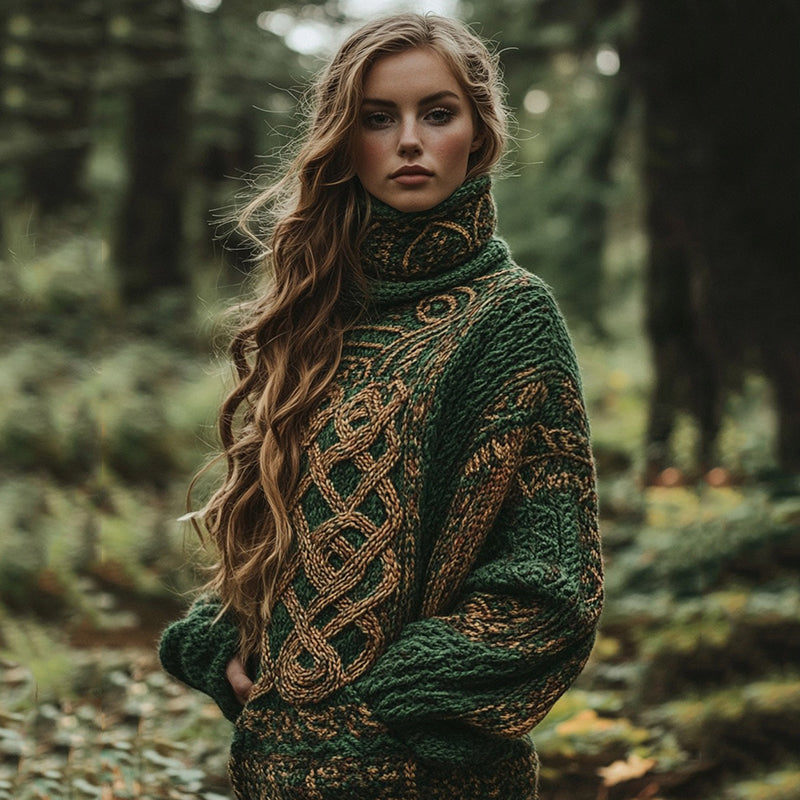 Classic Celtic Knot Jacquard Contrast Color Turtleneck Sweater artswardrobe