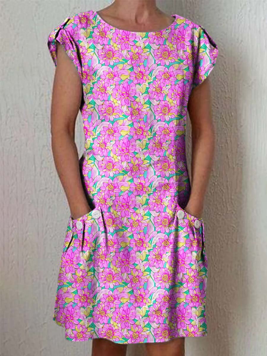Women's Elegant Rose Floral Pattern Cotton And Linen Dress With Pockets