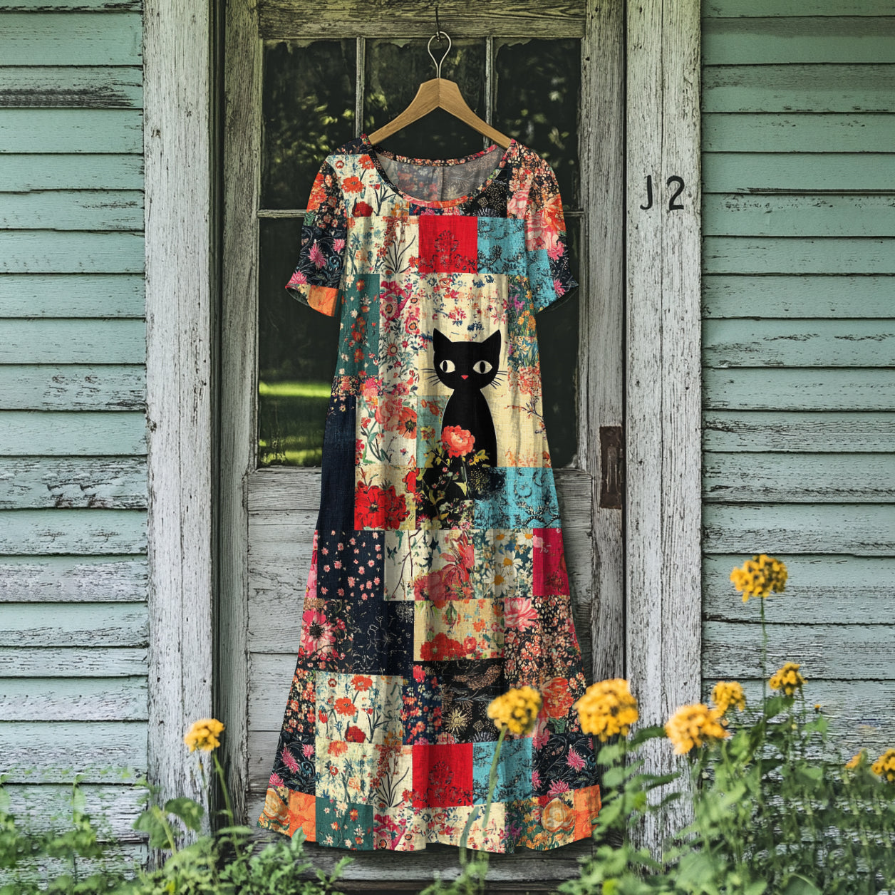 Vintage Cat Floral Patchwork Art Linen Maxi Dress elevenforest