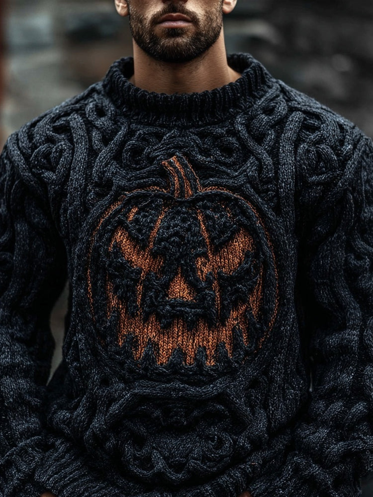 Men's Spooky Pumpkin Face Halloween Chunky Knit Sweater elevenforest