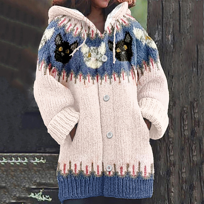 Vintage Cut Cats Iceland Jacquard Art Cozy Hooded Cardigan elevenforest