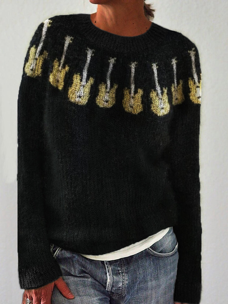 Music Lover Guitars Yoke Pattern Cozy Knit Sweater artswardrobe
