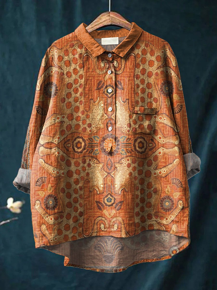 Vintage Ethnic Floral Animals Art Print Casual Cotton And Linen Shirt
