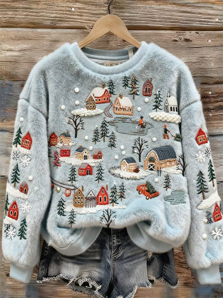 Snowy Ski Resorts Landscape Embroidered Cozy Plush Sweatshirt