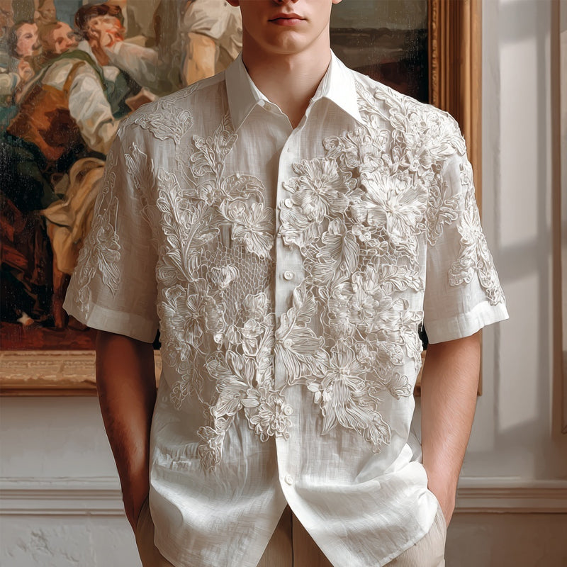 Men's Vintage Floral Lace Embroidered Linen Shirt artswardrobe