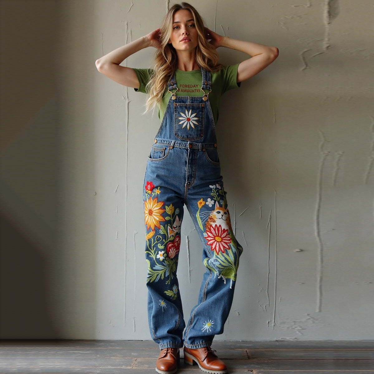 Vintage Kitty And Floral Oil Painting Art Jeans Jumpsuit elevenforest