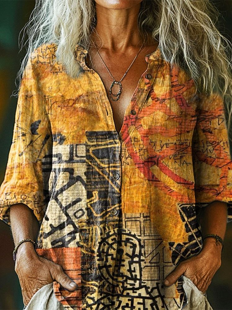Women's Retro Ethnic Totem Collage Art Print Casual Cotton Linen Shirt