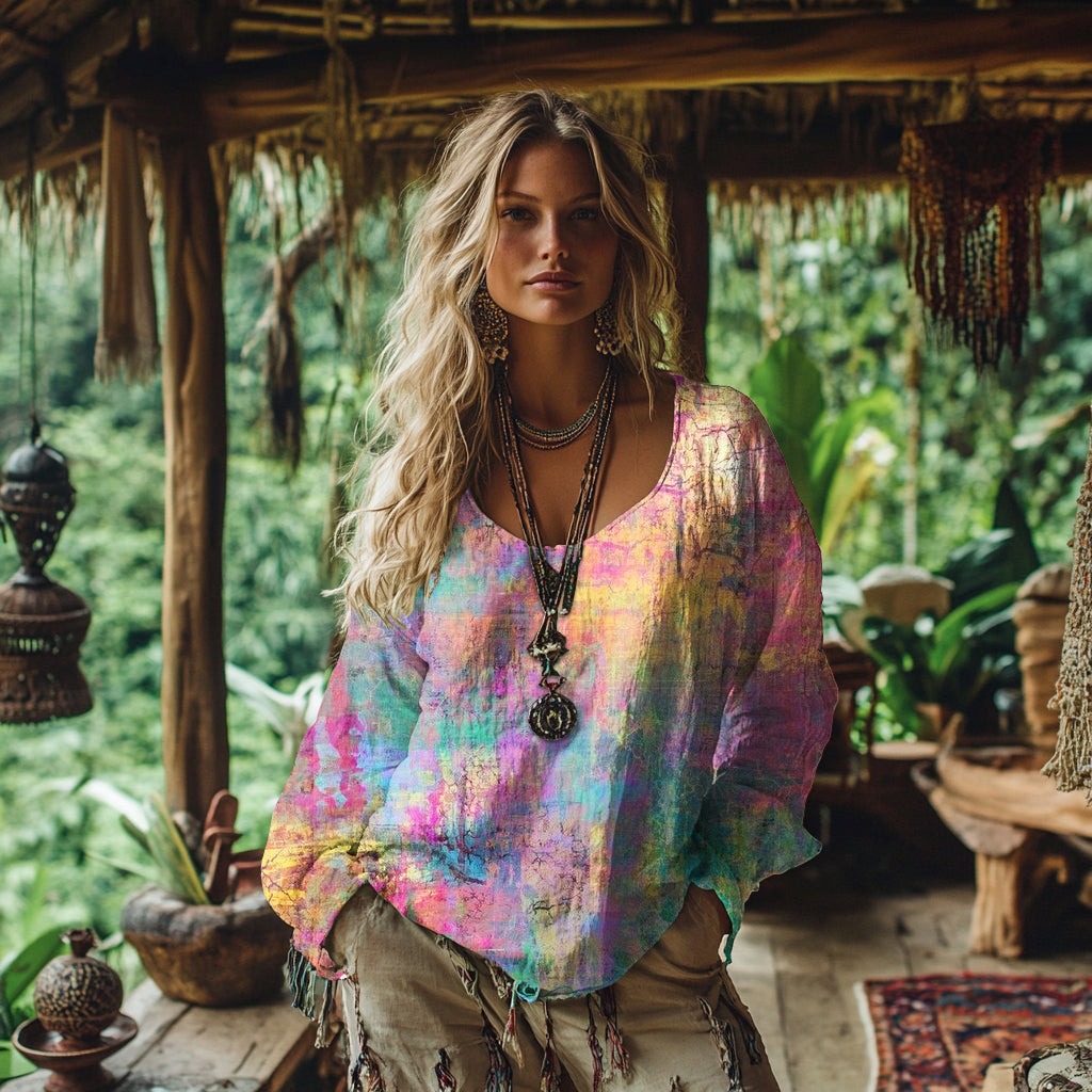 Women's Vintage Bohemian Tie-dye Art Linen Casual T-shirt artswardrobe