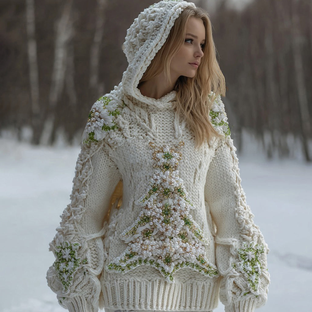 Women's Pearl Christmas Tree Knit Jacquard Hooded Sweater artswardrobe