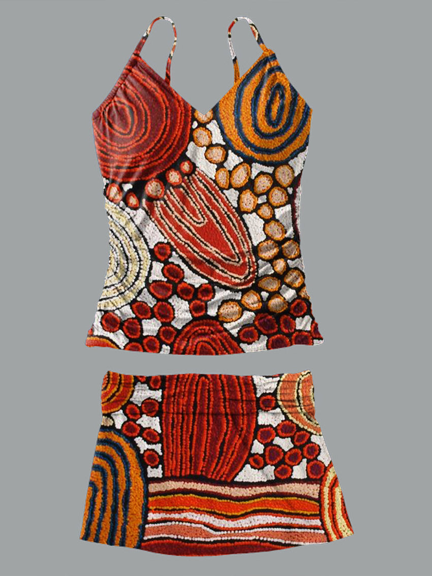 V-Neck Vintage Thread Flower Print Suspender Skirt Tankini Pantskirt Set Swimsuit