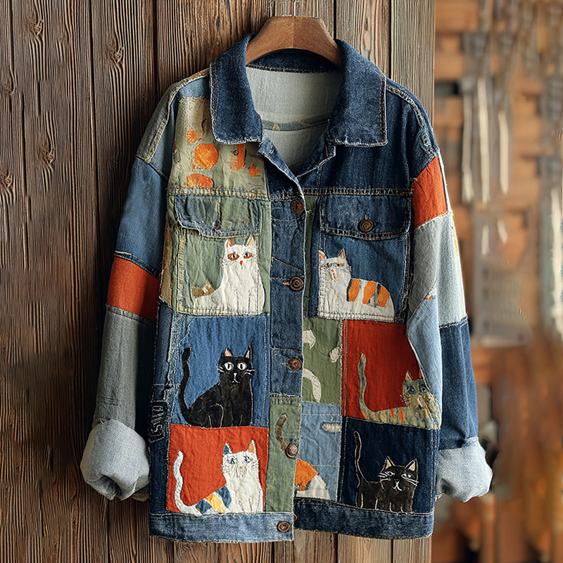 Women's Casual Cute Patchwork Cat Pattern Pocket Denim Jacket elevenforest