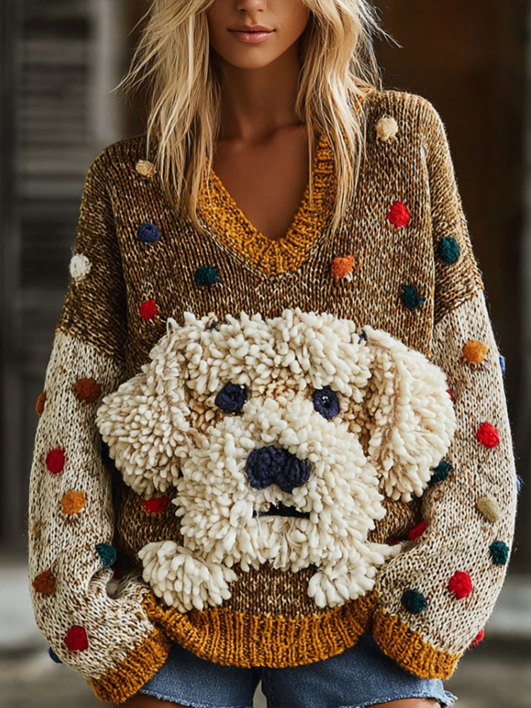 Lady Retro Cute Dog Plush Comfortable Knitted Sweater. artswardrobe