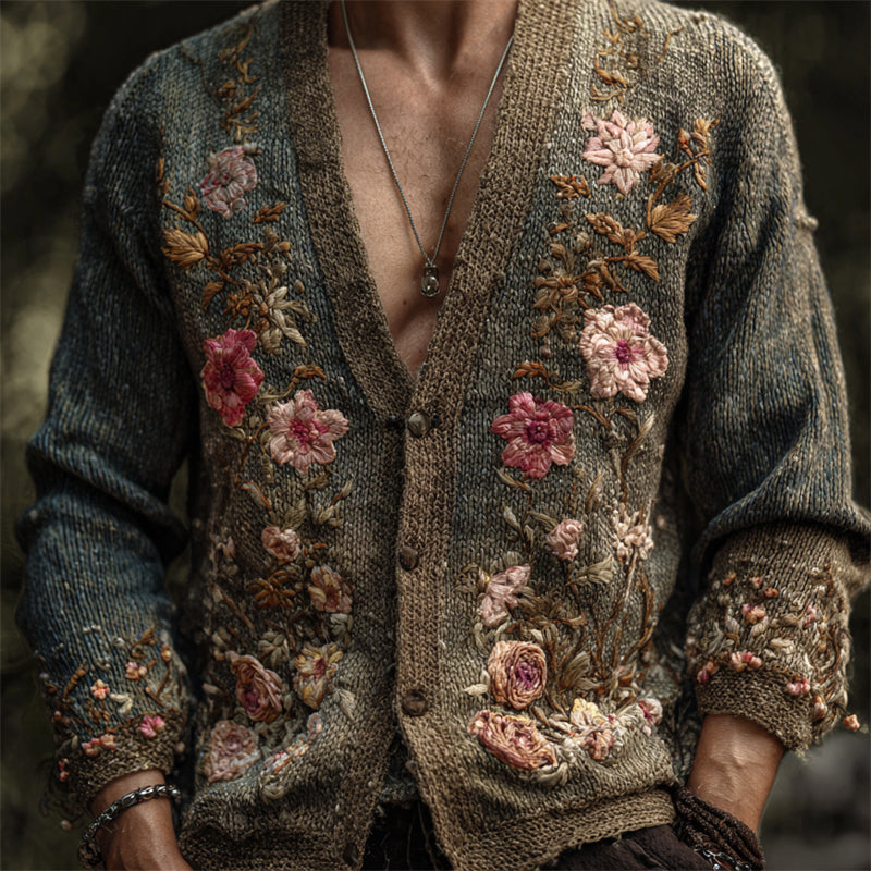 Men's Boho Floral Embroidered Dyed Comfy Knit Cardigan artswardrobe