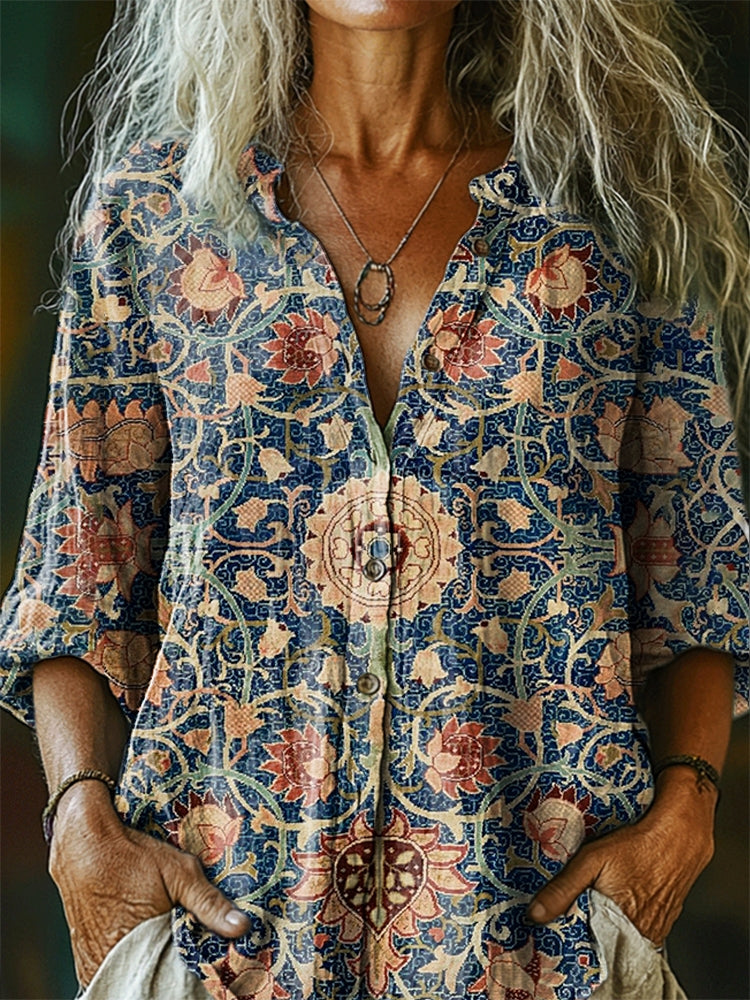 Women's Vintage Floral Pattern Art Print Casual Cotton Linen Shirt