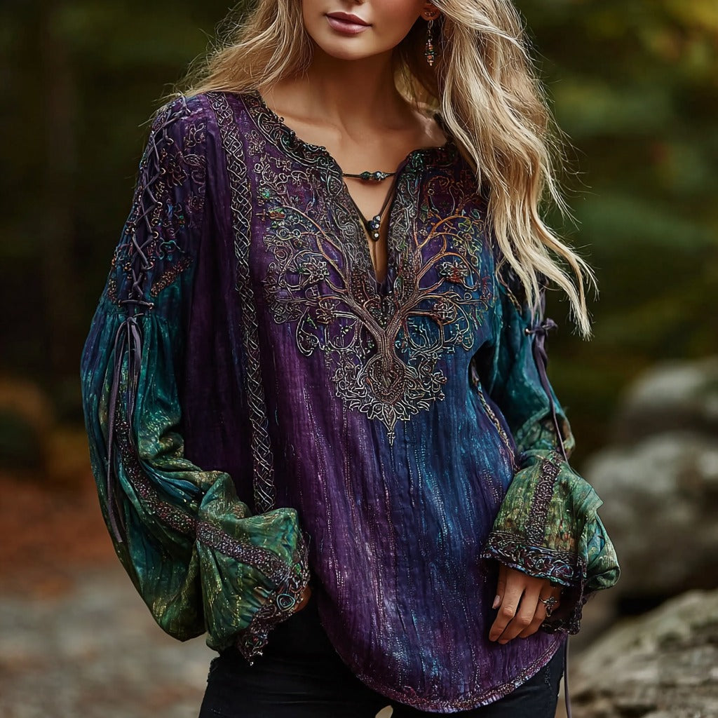 Comstylish Women's Vintage Viking Celtic Knot Tree Of Life Art Gradient Pattern V-neck Shirt