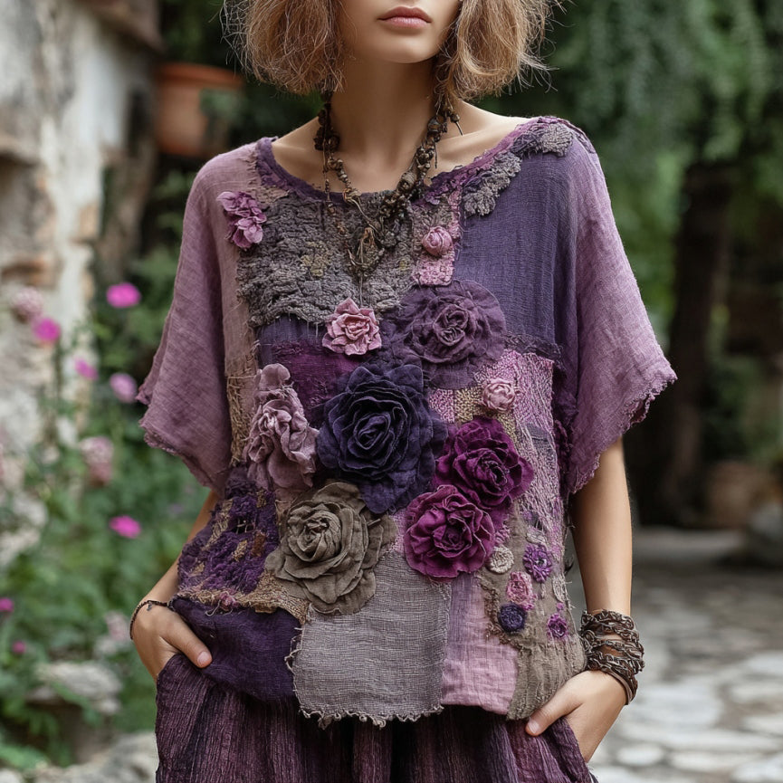 Vintage Purple Patchwork Rose Art Round Neck T-shirt artswardrobe