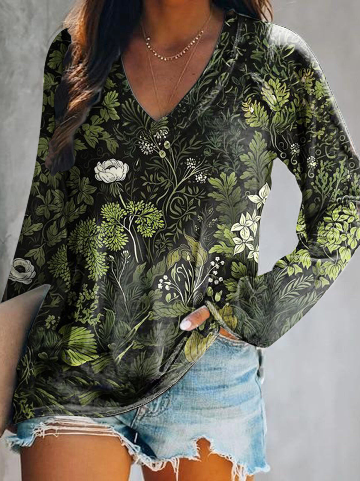 Women's Botanical Floral Art Print V-Neck Long Sleeve Top